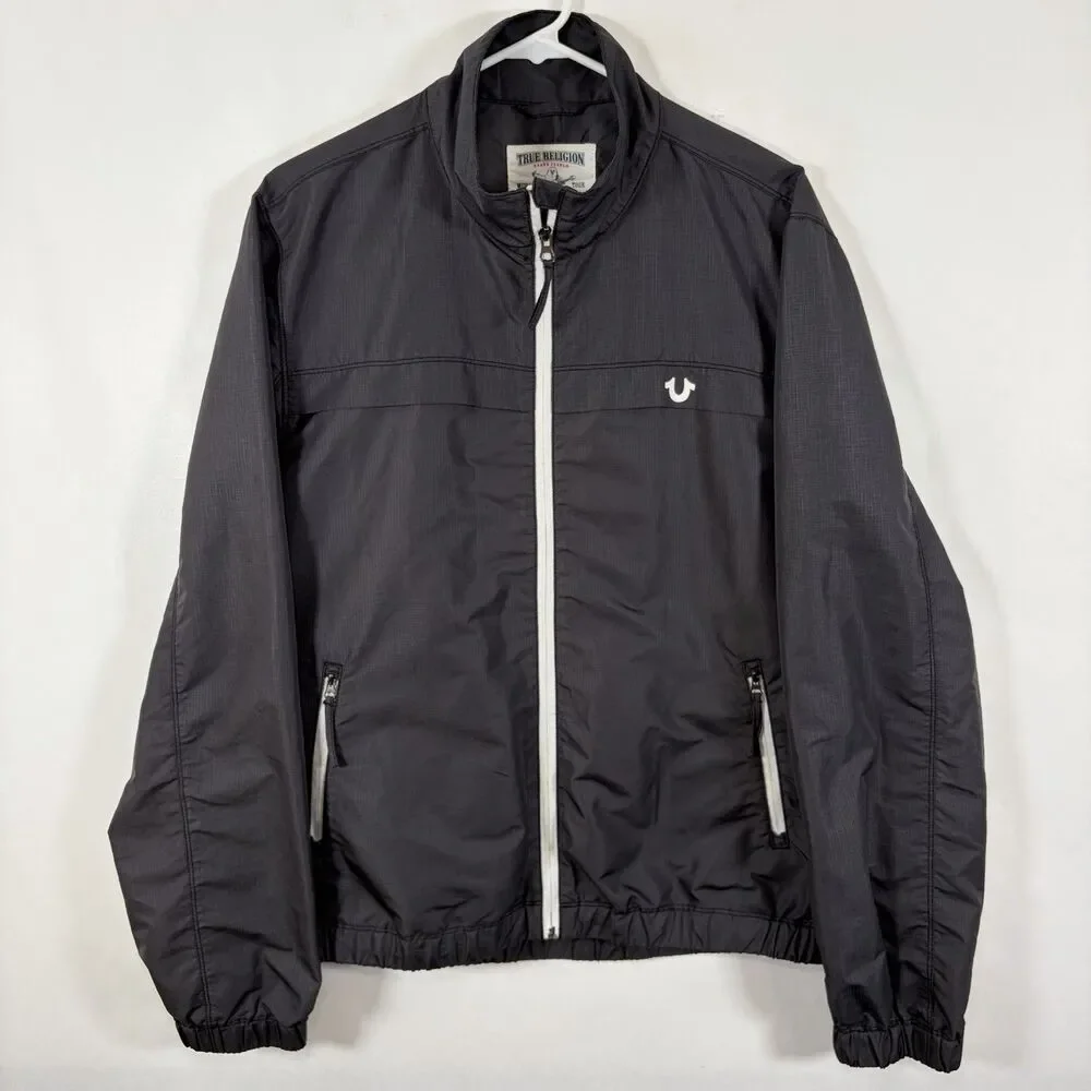 True Religion Full Zip Windbreaker Jacket Mens Size Large Gray Zipper Pockets